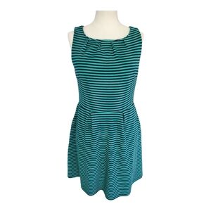 Mary McFadden Green Black Striped Fit & Flare Dress with Pockets Size M